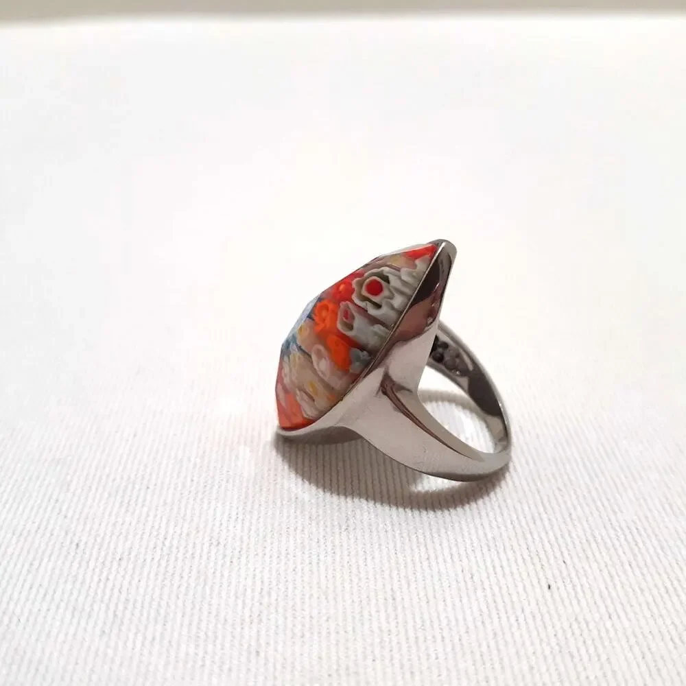 Vintage Murano Millefiori Ladies Ring Silver tone Size 6.25